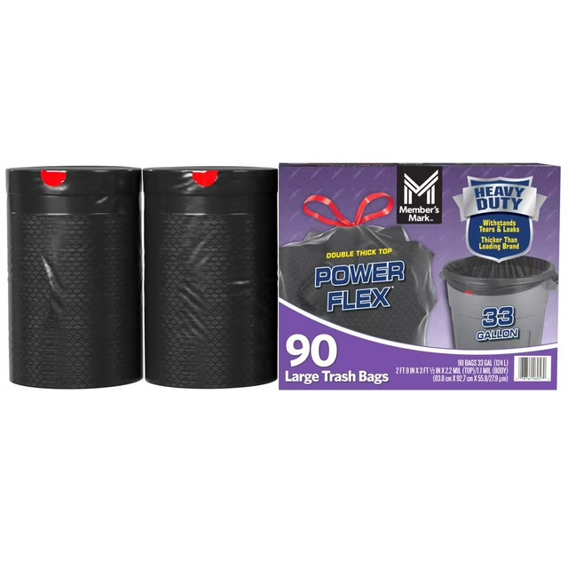 Member's Mark 33-Gallon Power Flex Drawstring Trash Bags 90 ct.