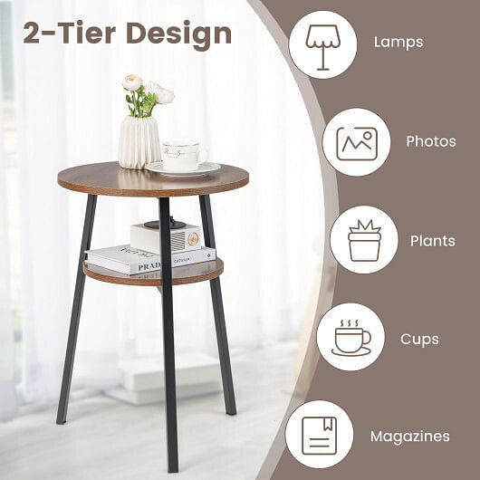 2-Tier Round End Table Set of 2 with Open Shelf and Triangular Metal Frame-Walnu