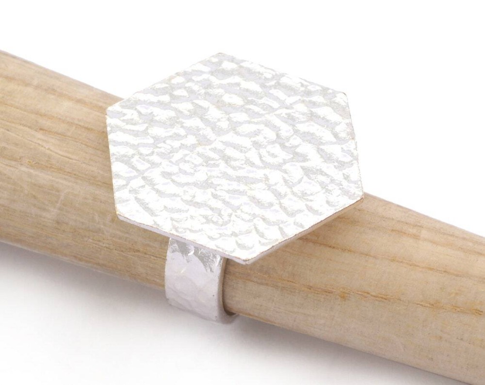 Hexagonal Hammered Adjustable Ring Blank-Shiny Silver Plated Brass 4952