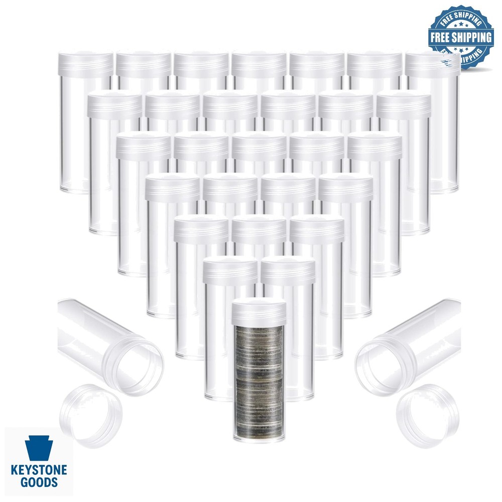 30 Pack Clear Plastic Coin Storage Tubes with Rotatable Lids
