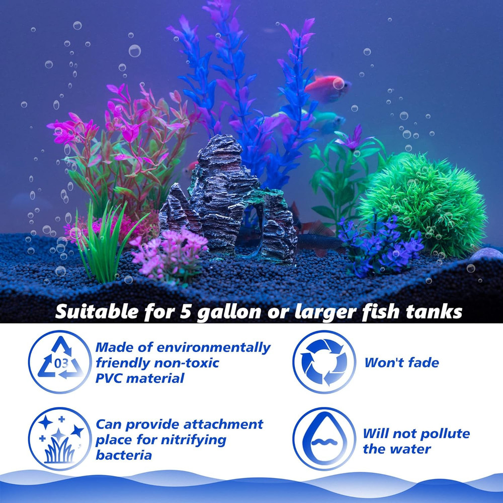 Ameliade Aquarium Artificial Plastic Plants Decorations and Rock Cave Decor Set