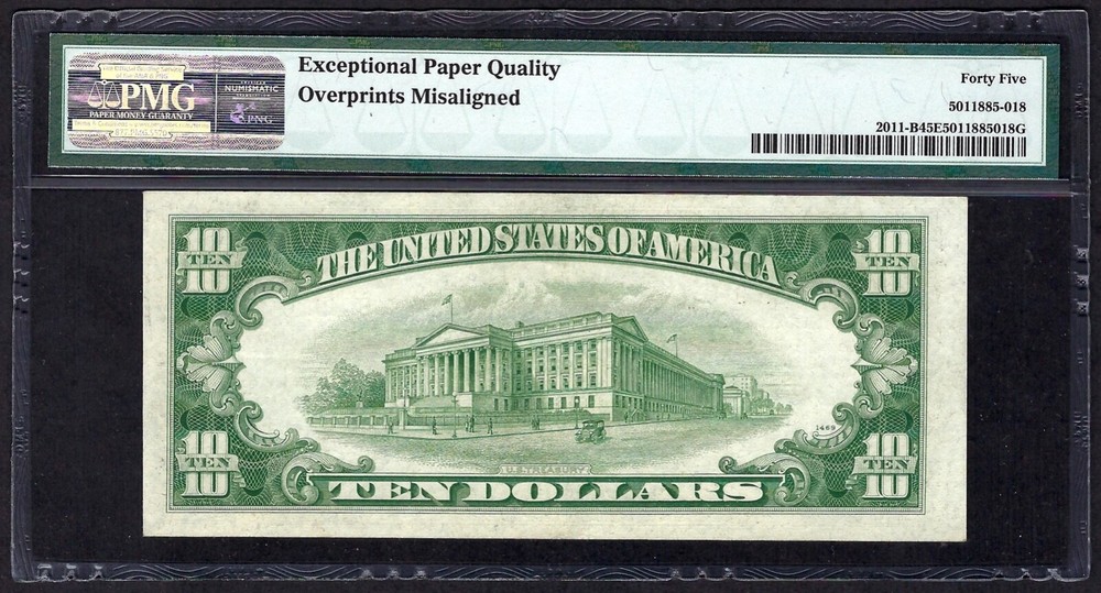 🇺🇸 1950A $10 ERROR ♚♚OVERPRINTS MISALIGNED♚♚ PMG CH EX FINE 45 EPQ