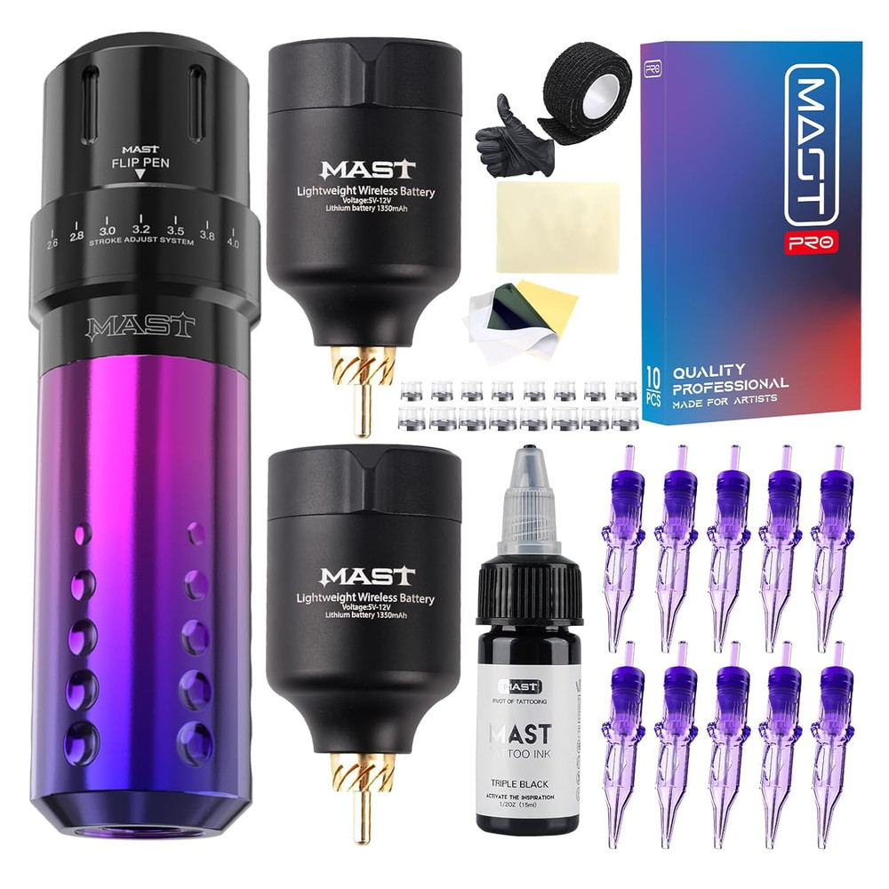 Mast Flip Wireless Tattoo Machine Kit with 2 Batteries & Needles