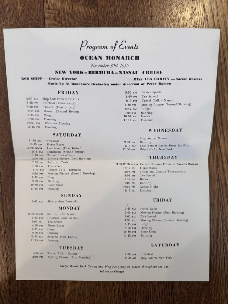 1956 Cruise Ship Ocean Monarch Activities Aboard Program Of Events