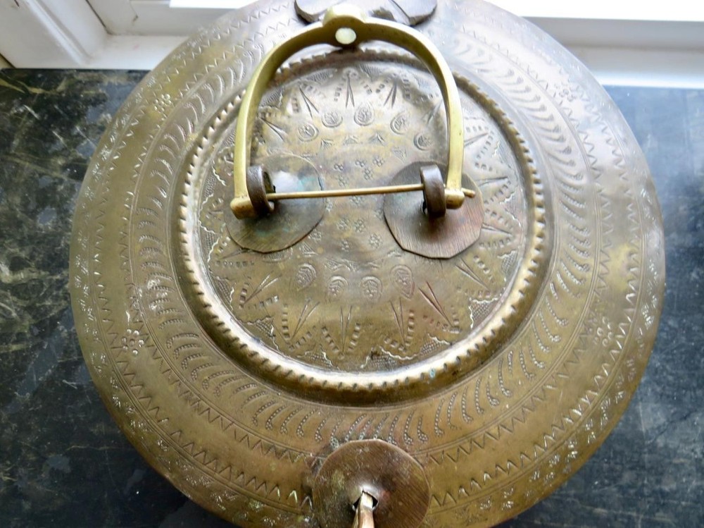 Antique Indian Solid Brass Handcrafted Embossed Chapati Box 9"dia x 4"H