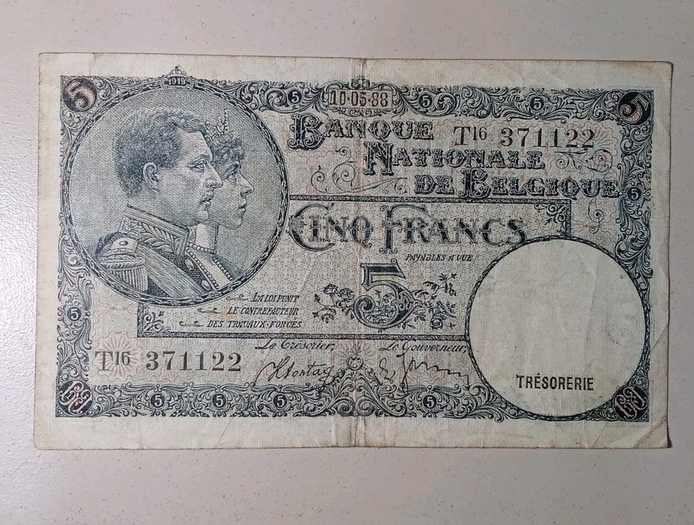 1938 Belgium 5 Francs Banknote