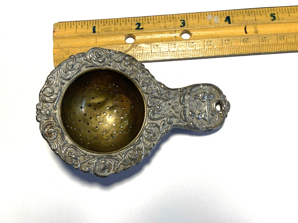 Antique German Figural Tea Strainer Silverplate “Germany” Ornate Handle