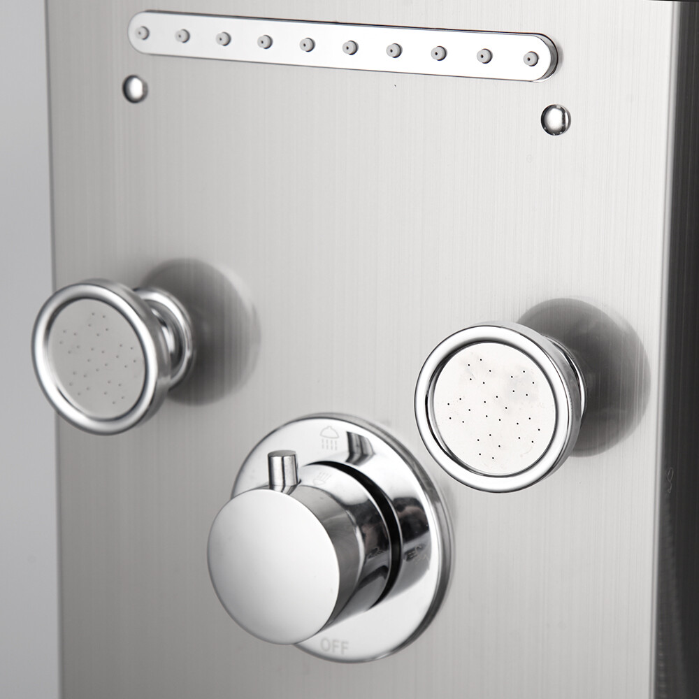 Silver LED Shower Panel System Digital Display Massage Jets 6-Way Shower Faucet