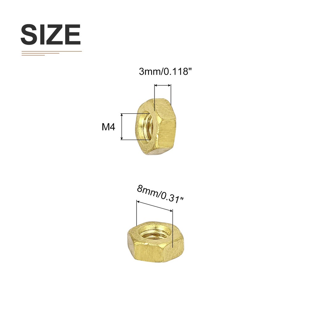 10Pack M4x0.7mm(DxL) Hex Nuts Brass Hexagonal Nuts Gold Tone