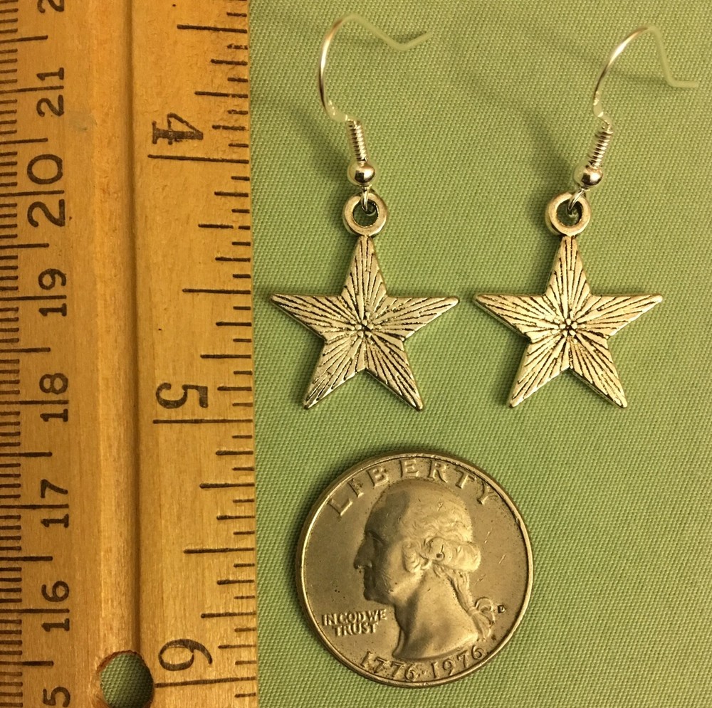 SOLID STAR with RAYS EARRINGS - Pewter with Sterling Silver Ear Wires