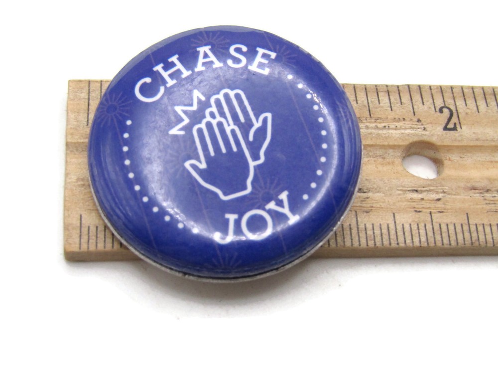 "Chase Joy" Pinback Button Inspirational Slogan High Five Hands Blue White