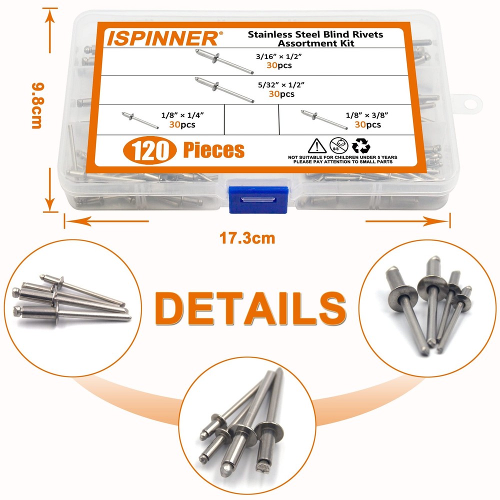 ISPINNER 120pcs 304 Stainless Steel Blind Rivets, Pop Rivets Assortment Kit