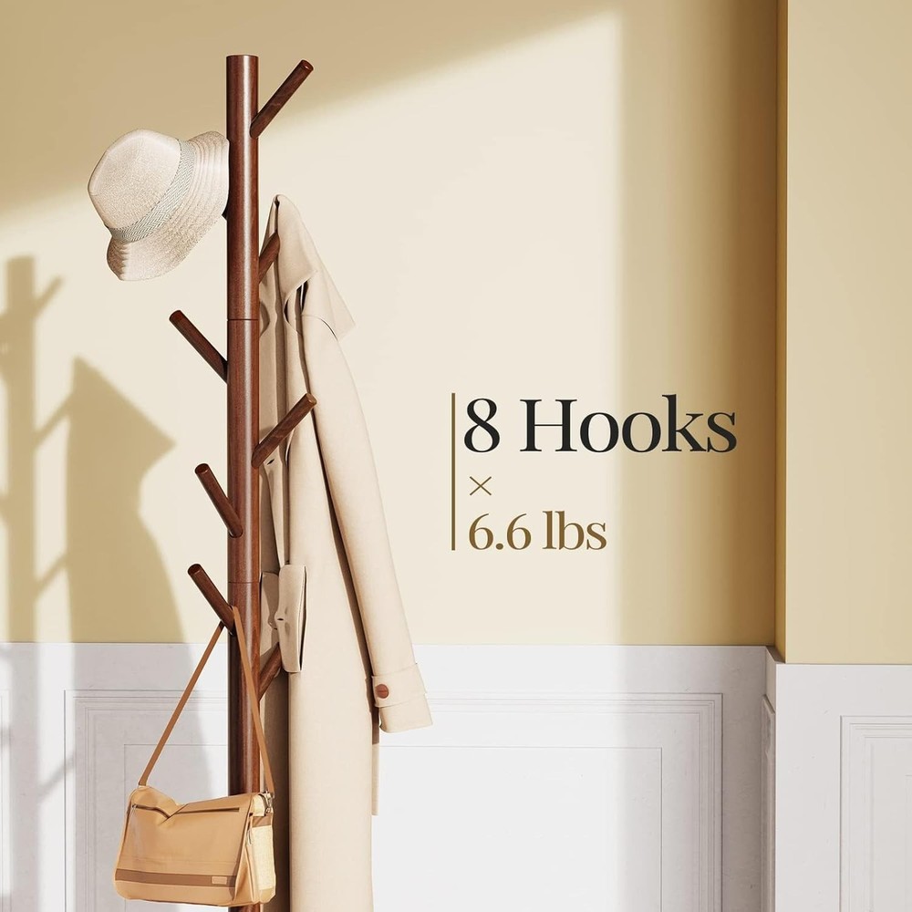 Freestanding Wooden Coat Tree - Stylish Storage Solution with Adjustable Height