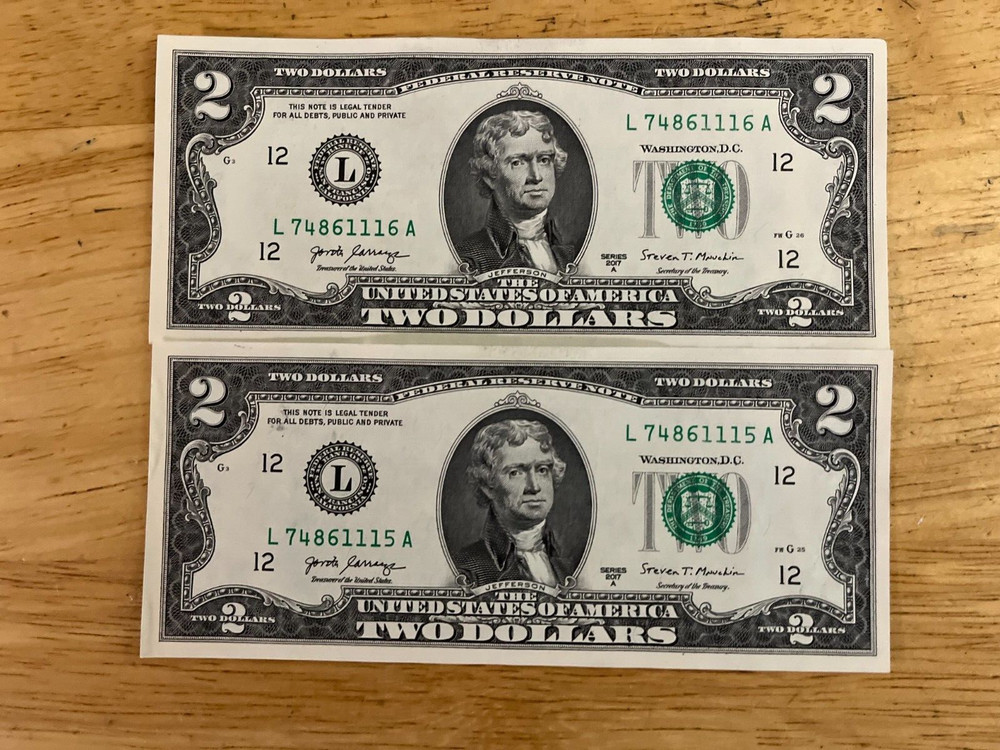 (2) 2017A $2 bills in (sequence)