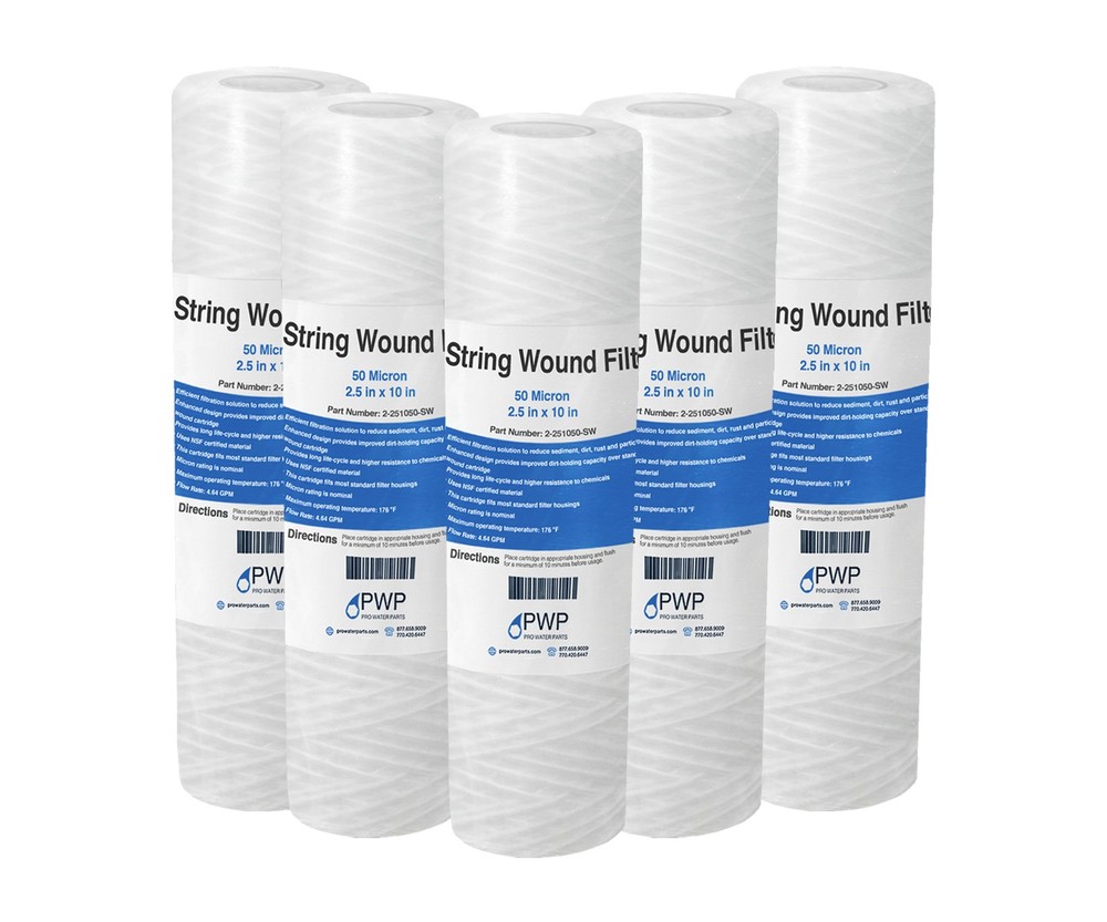 String Wound Sediment Water Filter Cartridge Standard 2.5x10" 50 Micron 5 Pack