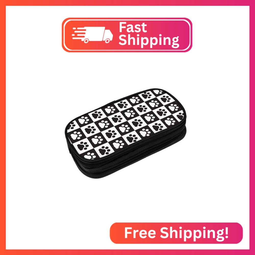 Perinsto Black And White Checkered Dog Paws Pencil Case Big Capacity Multi Compa