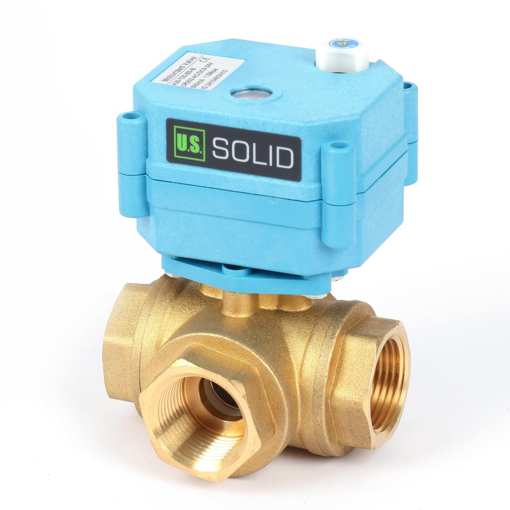 U. S. Solid 3 Way T Type Motorized Ball Valve 3/4in Brass 9-24V Manual Function