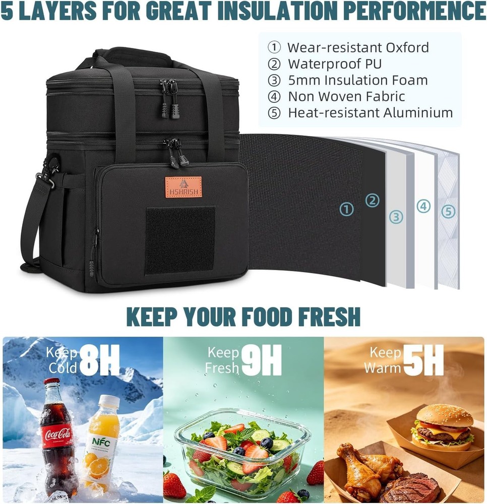 Durable Expandable Lunch Bag for Work Office, 36 Cans, Black