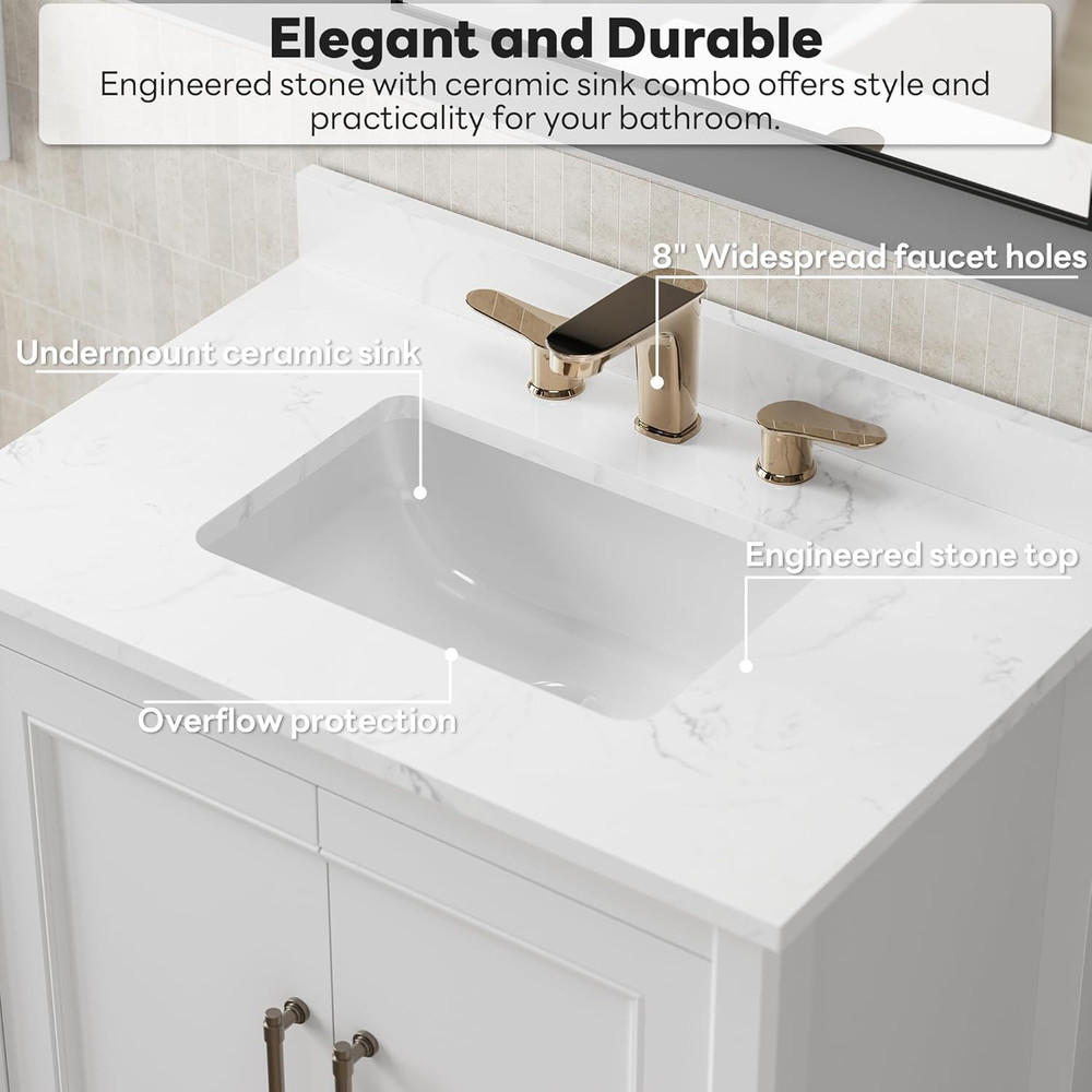 30" Modern Bathroom Vanity with Sink, Soft-Close Doors & Engineered Stone Top