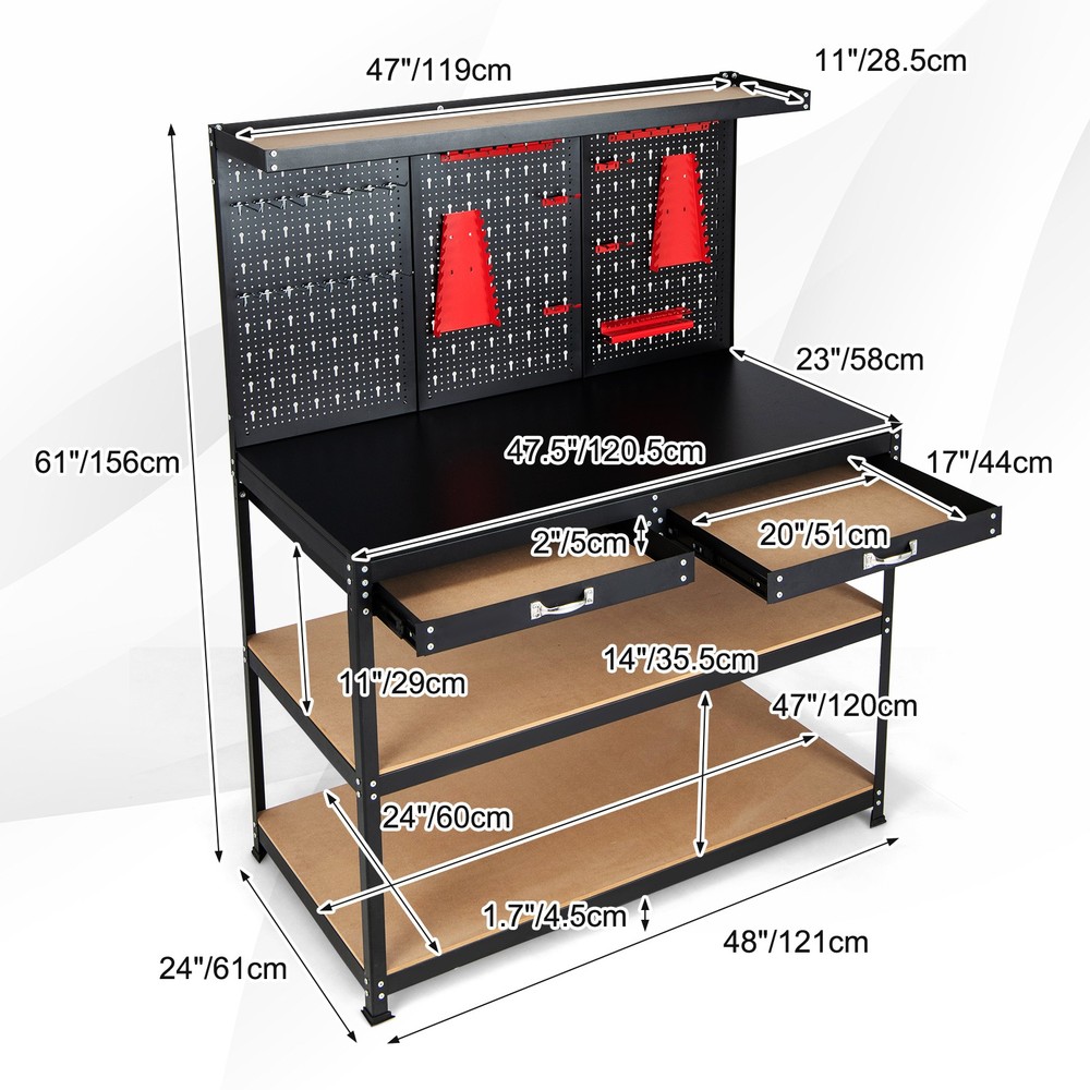 48" Workbench Multipurpose Garage Worktable w/ Peg Board Hook Kit & Drawers