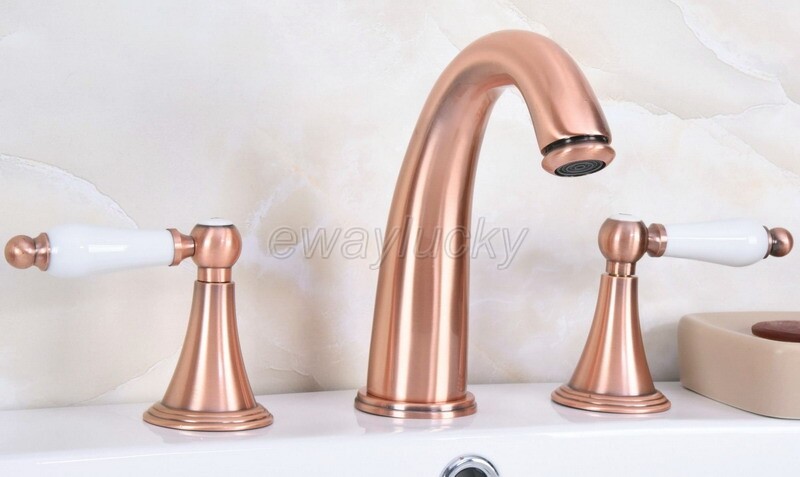 Red Copper Widespread 3 Holes Bathroom Sink Faucet Dual Ceramic Knobs Handle Tap