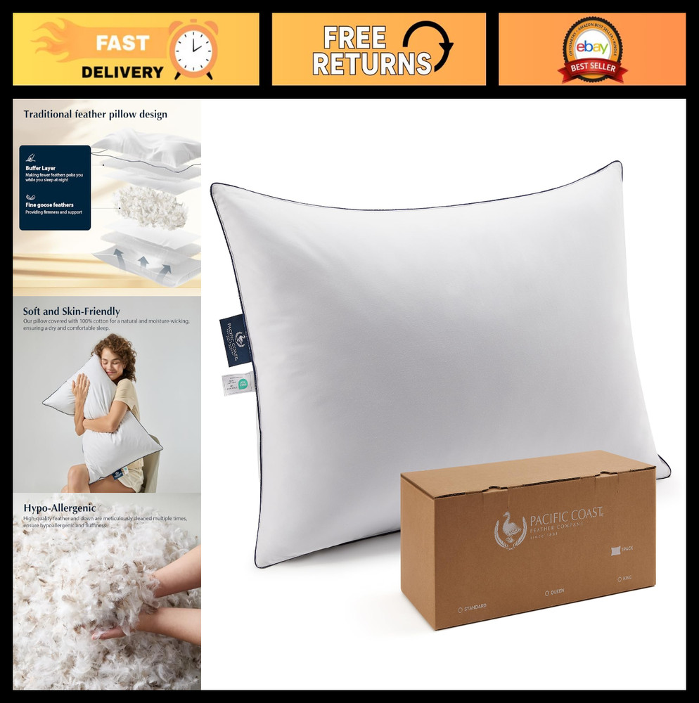 Luxury Goose Feather & Down Bed Pillow - 100% Cotton Shell, Medium Support, Stan