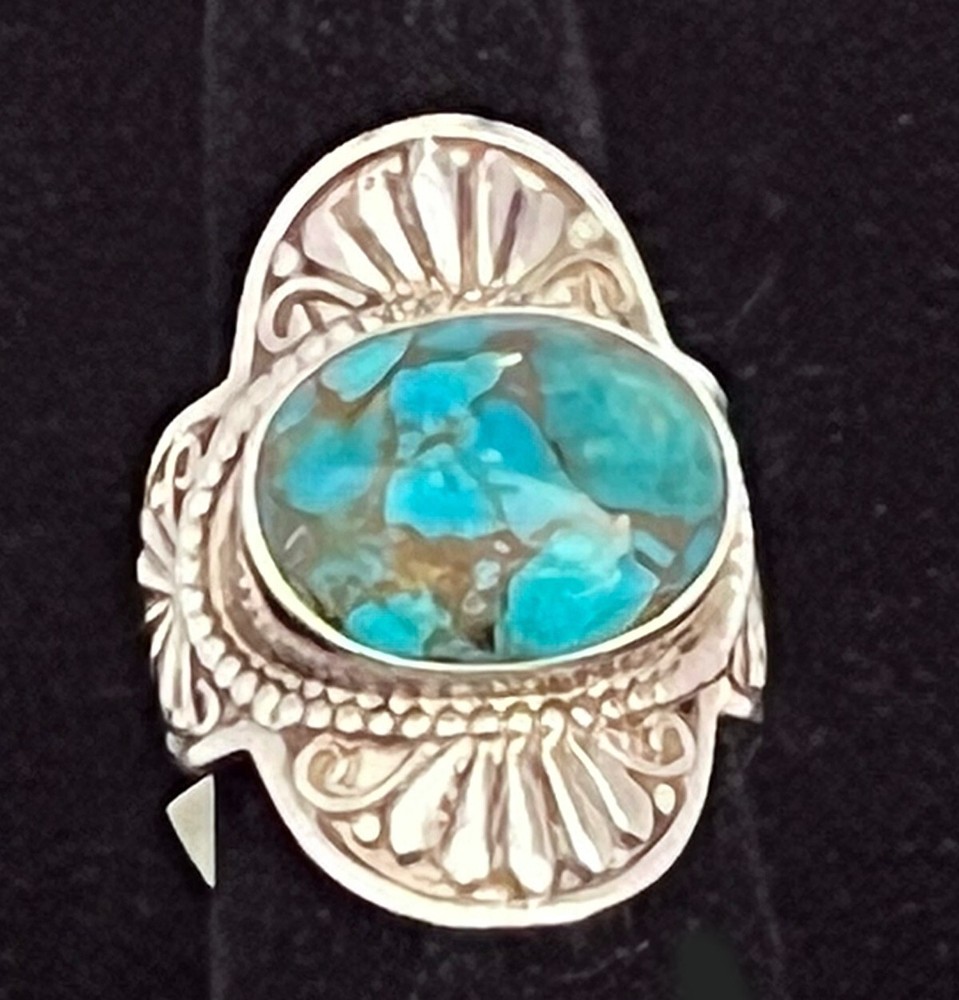 Himalayan Ring Gems Metal Matrix Turquoise Nepal  Sterling Silver Hand Made Ring