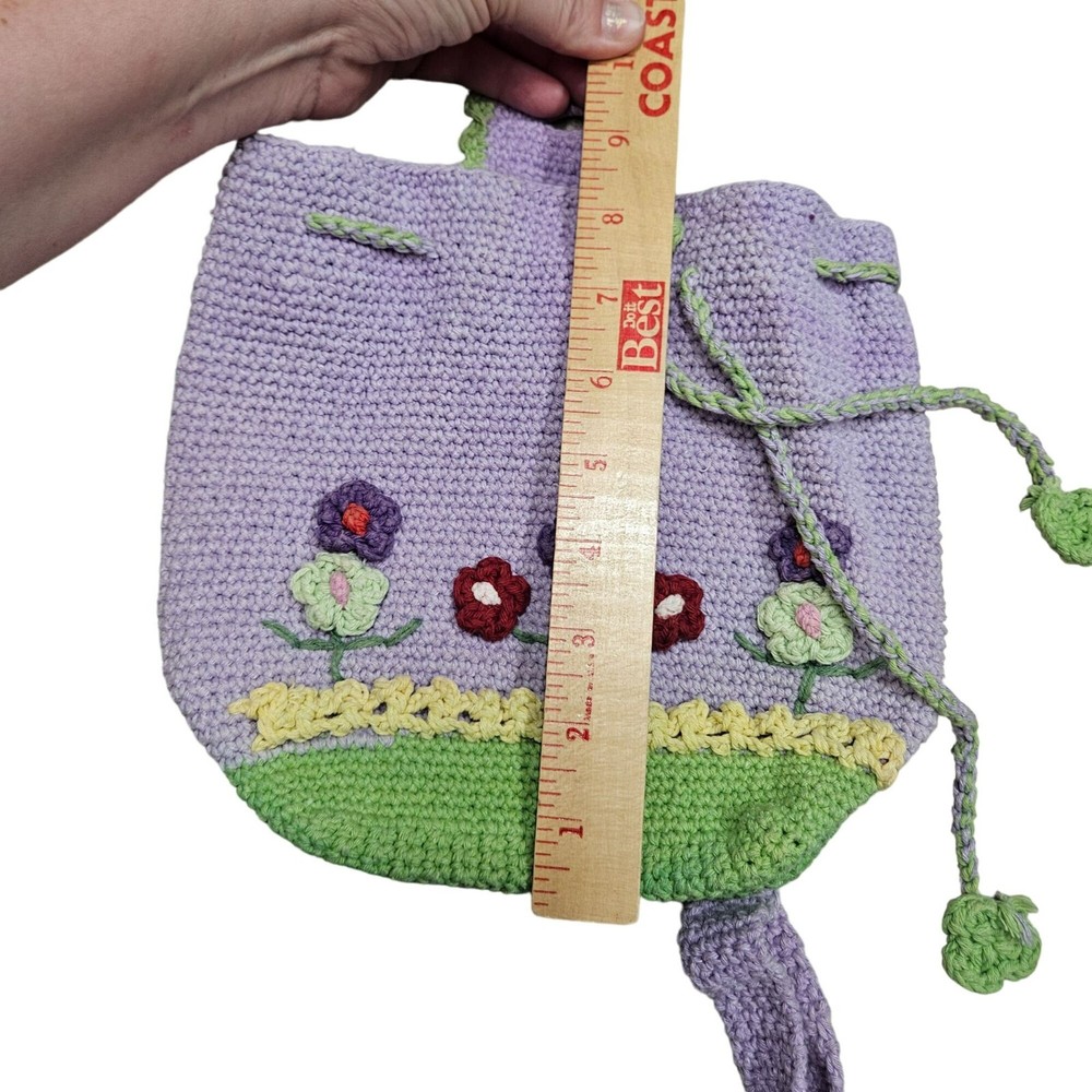 Handmade Crochet Child Backpack Adorned With Floral Design & Drawstring Closure