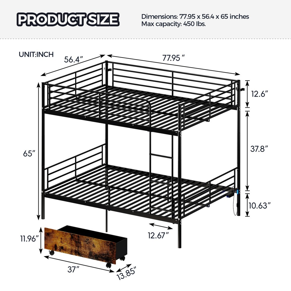 Bunk Bed with USB Charging Station, Able to Split, Metal Bunk Bed, Storage Space