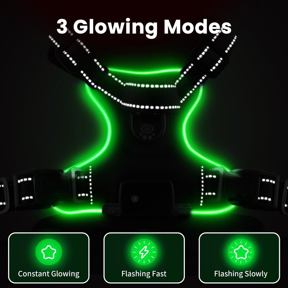 No Pull Light Up LED Dog Harness with Reflective Strips, Padded Breathable Mesh