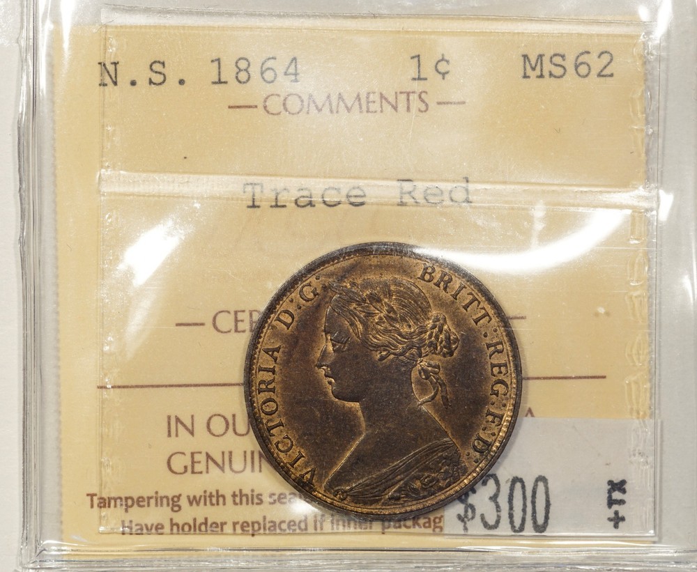 1864 Nova Scotia Large Cent ICCS MS62 Trace Red
