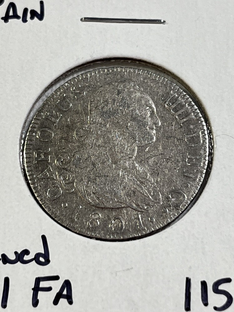 1801-FA Spain 2 Reales Silver Coin Cleaned