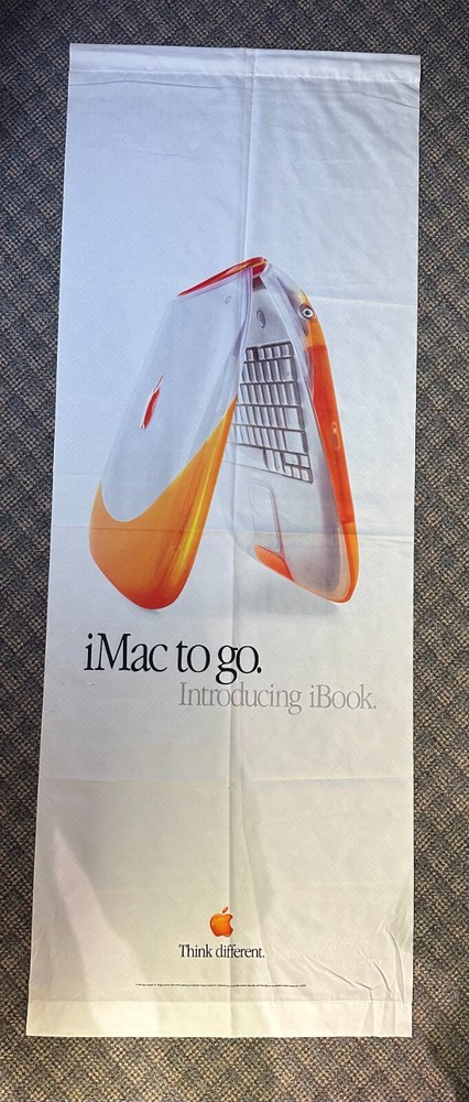 VERY RARE _ FABRIC BANNER _ ORANGE iBOOK _ APPLE COMPUTER _ Think different 1999