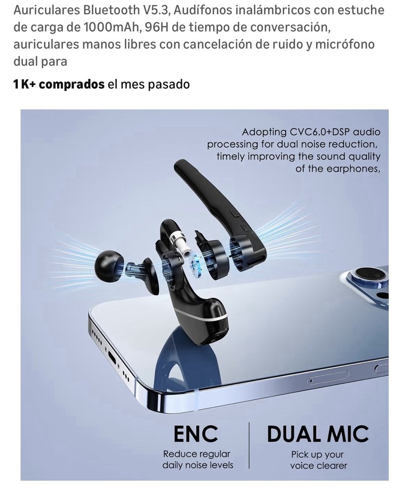 Bluetooth V5.3 Ear-hook Headset Dual Mic Noise Cancel LED Display Case
