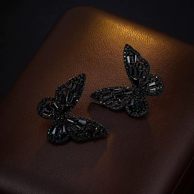 Black rhinestone Butterfly design Stud Earrings Silver Post Crystal Gift Box