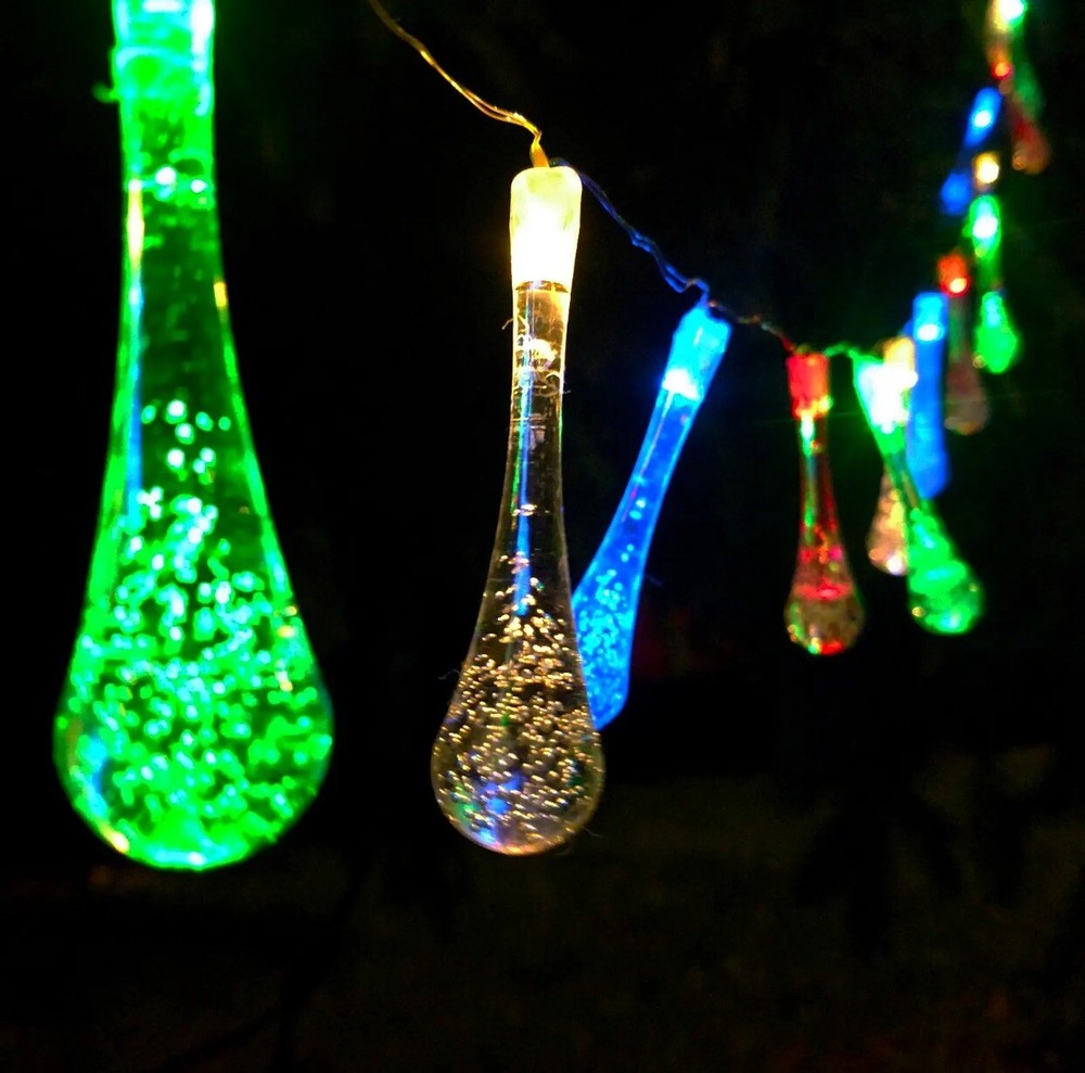 20 Foot Solar Powered Water Drop String Lights - 59 LED Multi Colored, 8 Modes