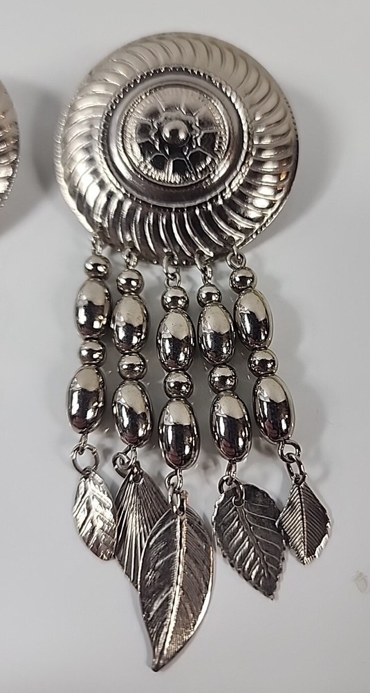 Concho Post Earrings w/Articulating Silver Feathers, 3” Long
