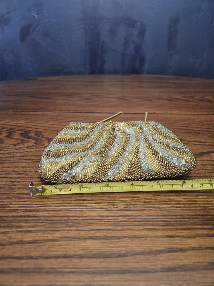 La Regale Beaded Evening Bag Abstract Pattern Gold/Silver/Copper W/ Chain Strap