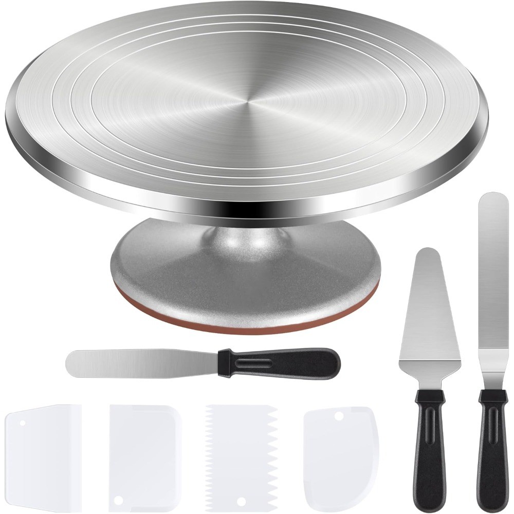 12'' Aluminum Cake Stand with Spatulas and Icing Combs Set
