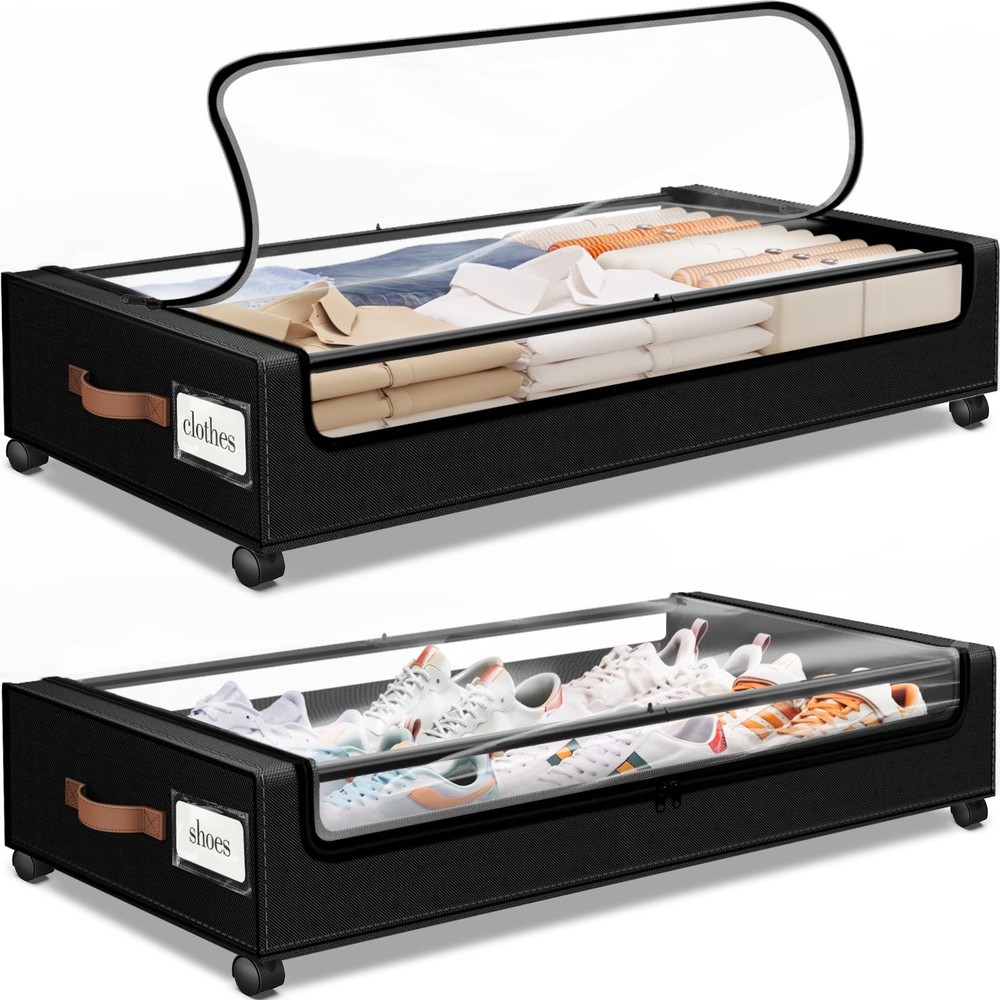 SpaceHacks Under Bed Storage with Wheels 2Pack Storage Containers with Clear ...