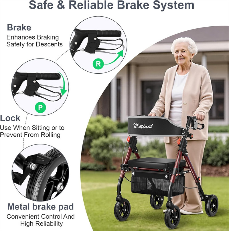 Foldable Rollator Walker 350 lb Capacity w/ 14" Seat & 8" Wheel Rolling Walker