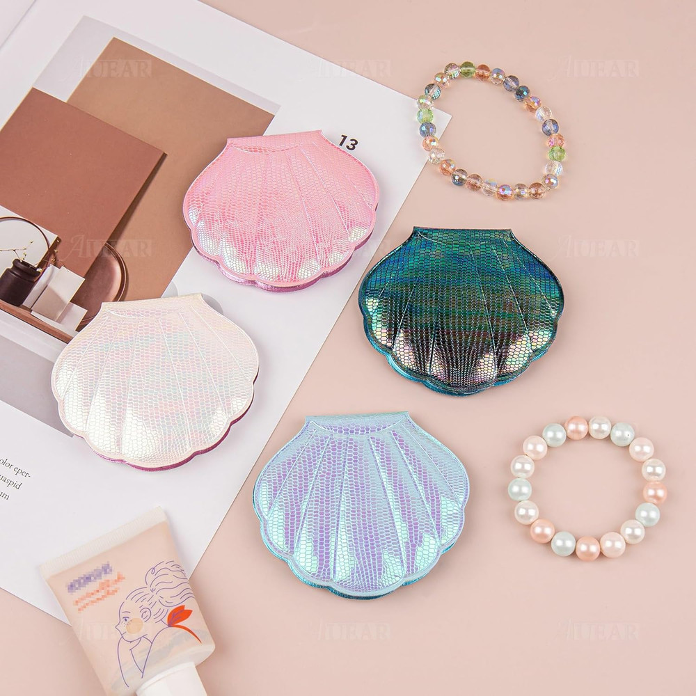 , 4 Pack Glitter Shell Double-Sided Magnification Makeup Mirrors Colors Handheld