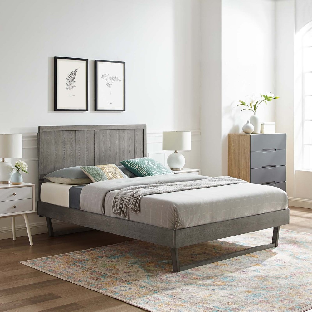 Modway Alana Wood King Platform Bed in Gray With Angular Frame