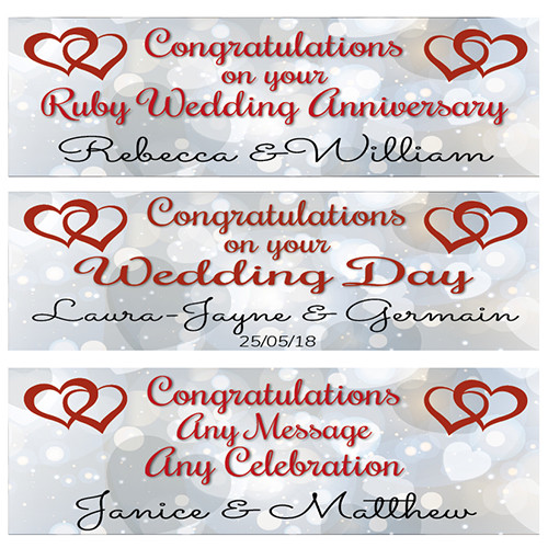 2 PERSONALISED JOINED HEARTS WEDDING BANNERS, RUBY WEDDING ANNIVERSARY BANNERS