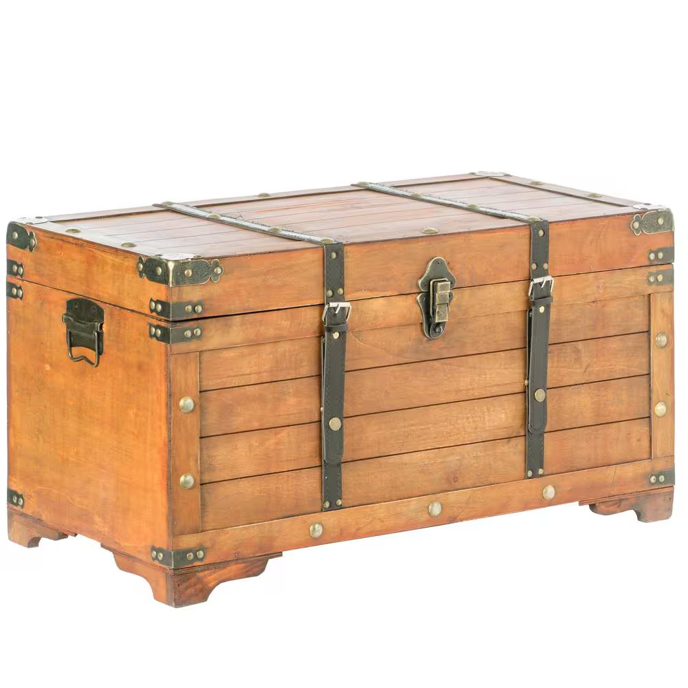 Brown Rustic Large Wooden Storage Trunk with Lockable Latch