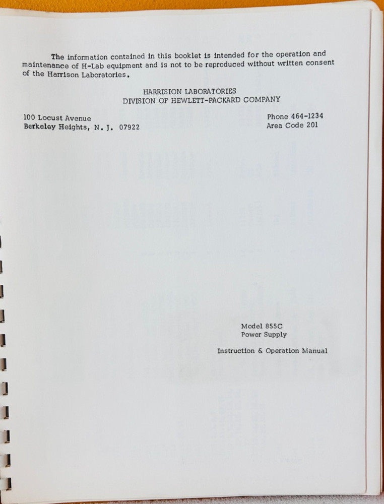 HP Model 855C Power Supply Instruction & Operation Manual.