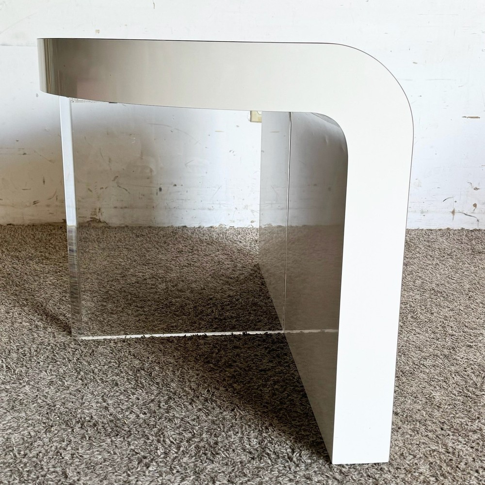 Postmodern Sculpted White Lacquer Laminate and Lucite Waterfall Side Table