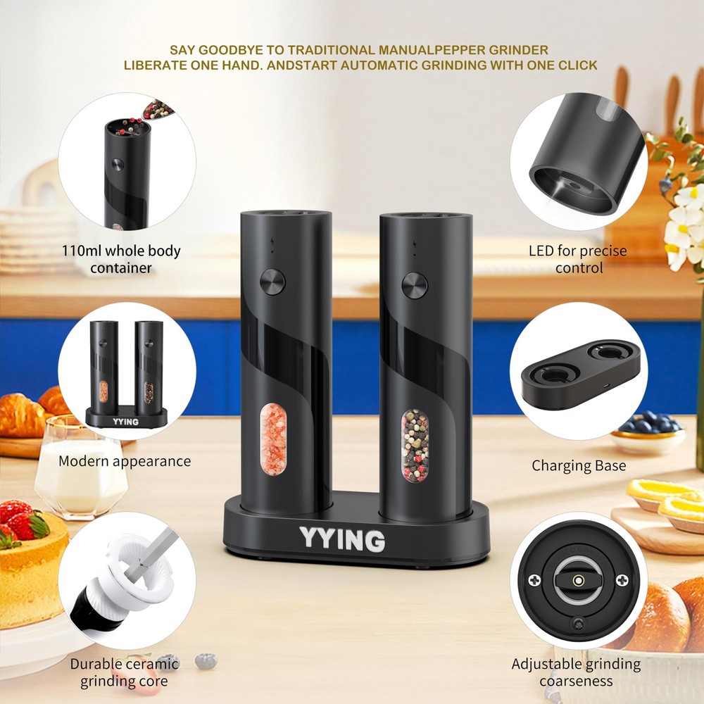 Salt and Pepper Grinder Set, Automatic Pepper Mill Grinder with Charging Base...