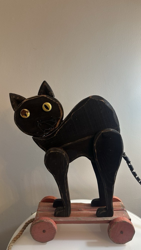 Vintage Folk Art Black Cat Pull Toy