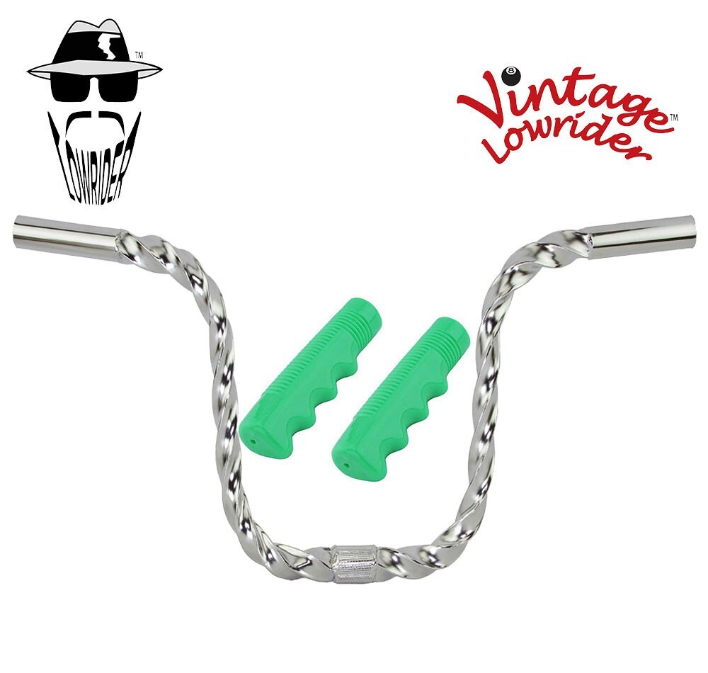 Original Lowrider Handlebar 9" Rise U Square Twist  Chrome & Solid Green Grips